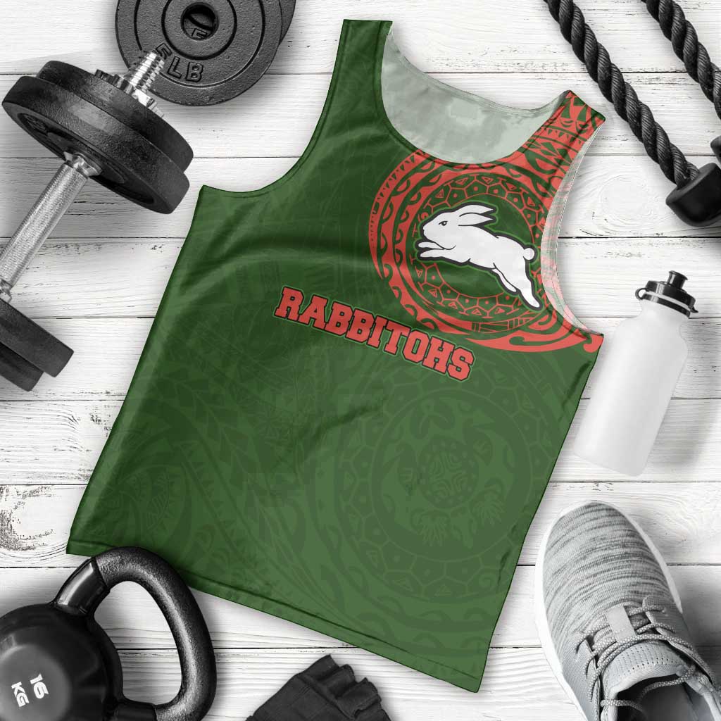 Personalized South Sydney Rabbitohs Men Tank Top Polynesian Tribal Chest and Sleeve Tattoo