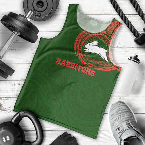 Personalized South Sydney Rabbitohs Men Tank Top Polynesian Tribal Chest and Sleeve Tattoo