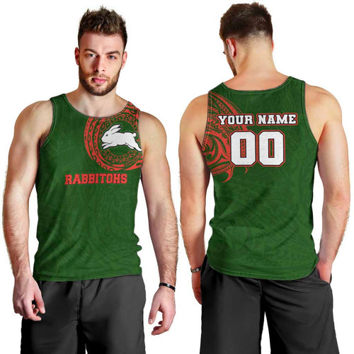 Personalized South Sydney Rabbitohs Men Tank Top Polynesian Tribal Chest and Sleeve Tattoo