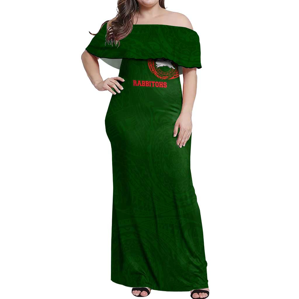 Personalized South Sydney Rabbitohs Off Shoulder Maxi Dress Polynesian Tribal Chest and Sleeve Tattoo