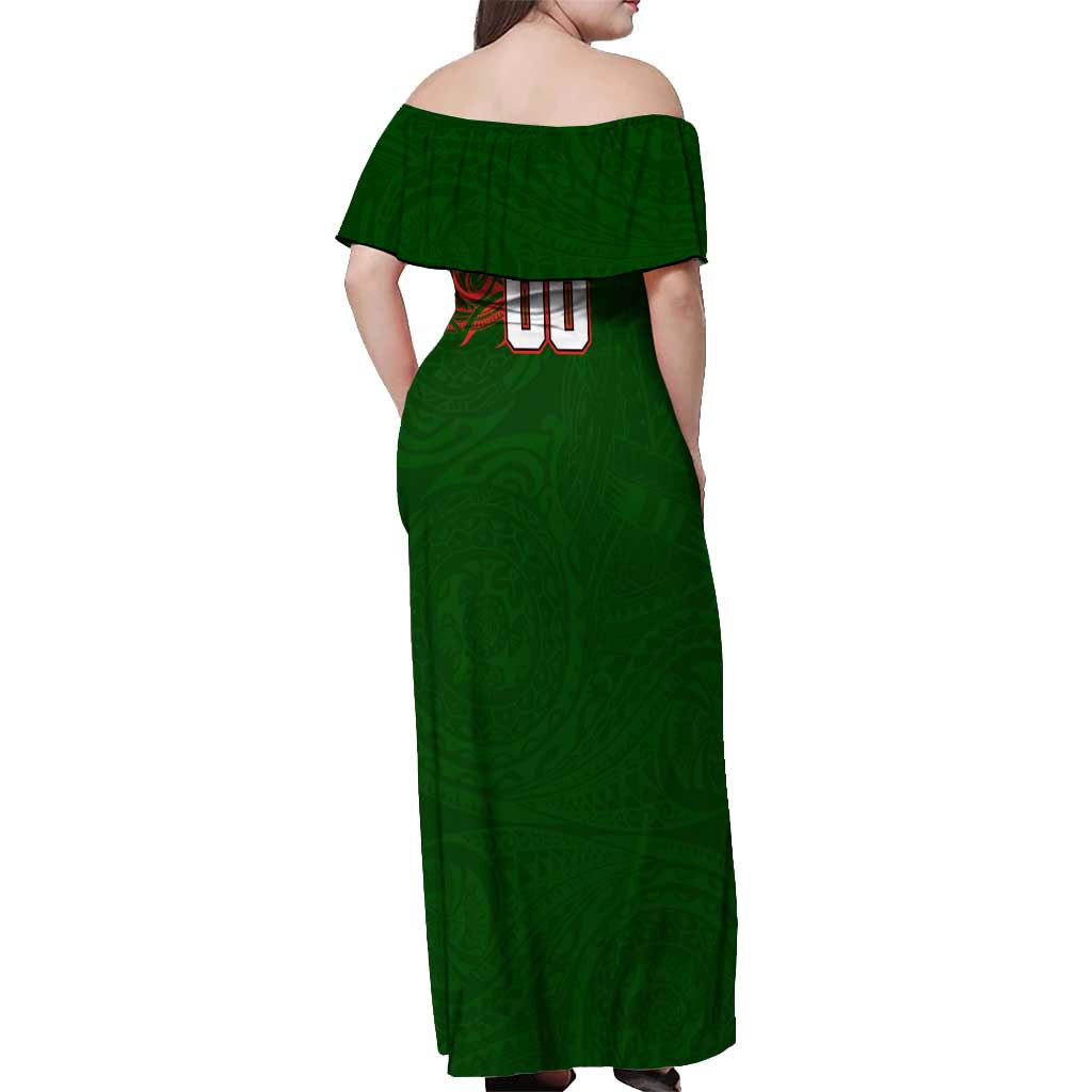 Personalized South Sydney Rabbitohs Off Shoulder Maxi Dress Polynesian Tribal Chest and Sleeve Tattoo