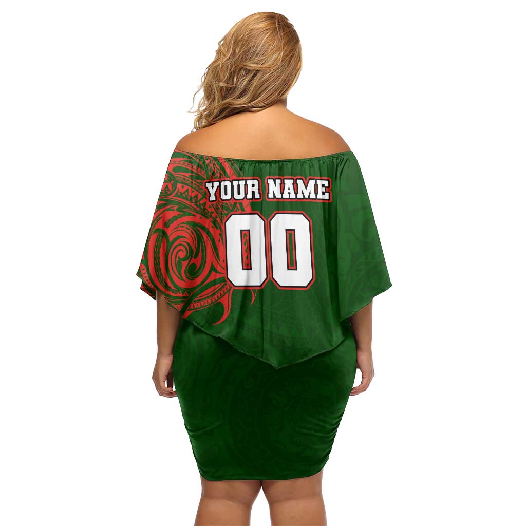 Personalized South Sydney Rabbitohs Off Shoulder Short Dress Polynesian Tribal Chest and Sleeve Tattoo