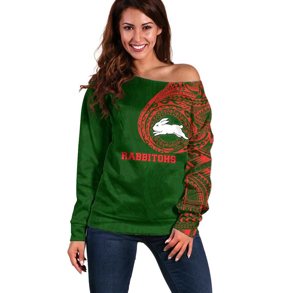 Personalized South Sydney Rabbitohs Off Shoulder Sweater Polynesian Tribal Chest and Sleeve Tattoo