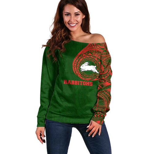Personalized South Sydney Rabbitohs Off Shoulder Sweater Polynesian Tribal Chest and Sleeve Tattoo