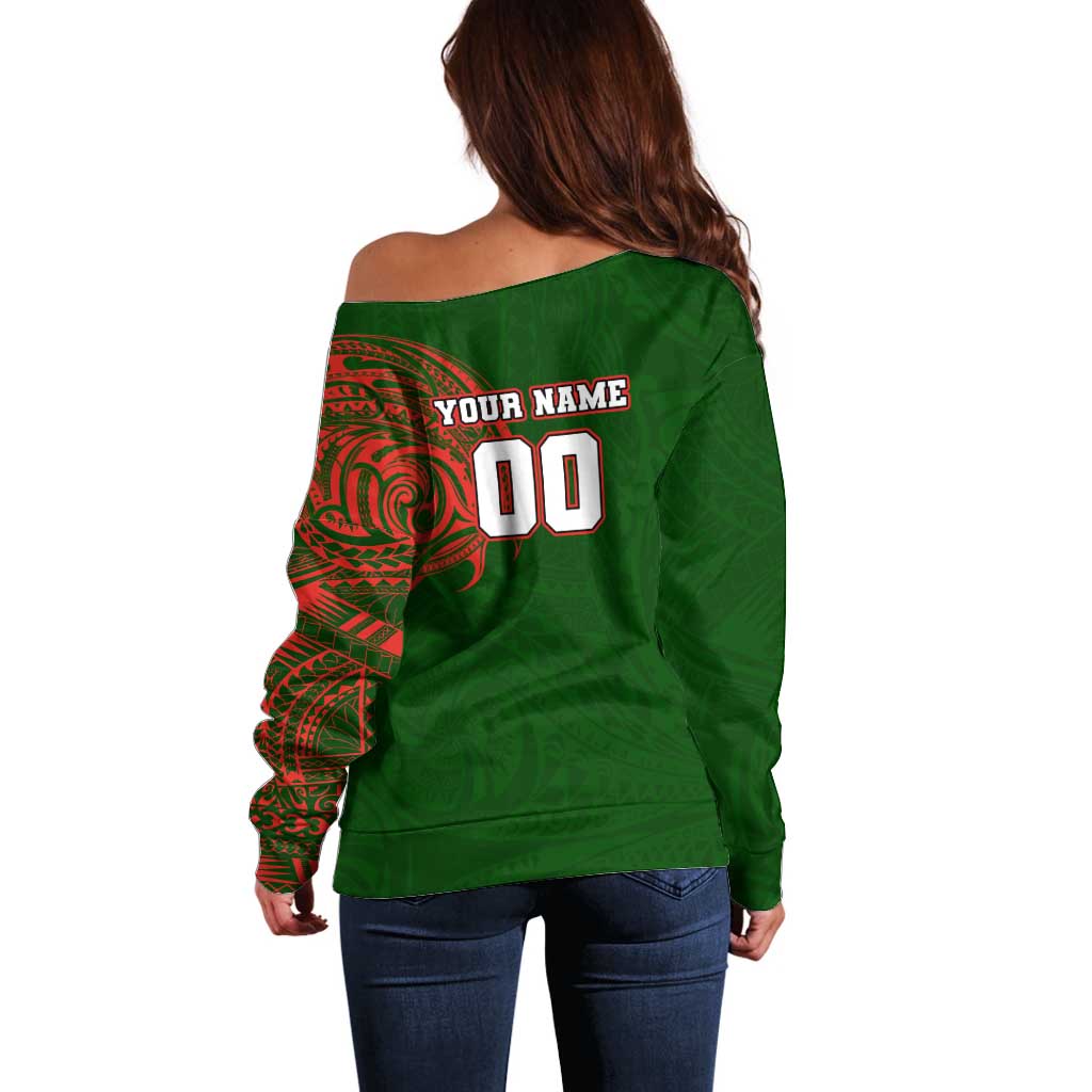Personalized South Sydney Rabbitohs Off Shoulder Sweater Polynesian Tribal Chest and Sleeve Tattoo