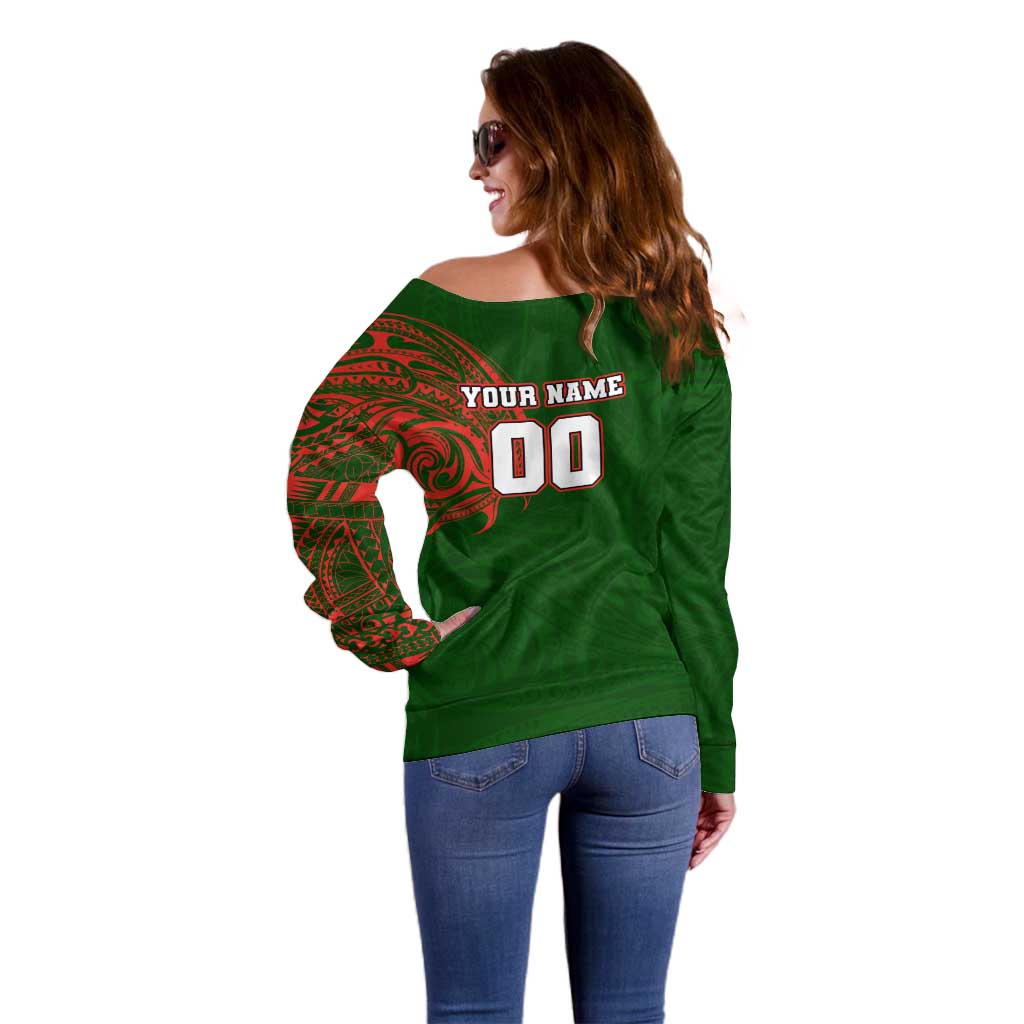 Personalized South Sydney Rabbitohs Off Shoulder Sweater Polynesian Tribal Chest and Sleeve Tattoo
