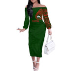 Personalized South Sydney Rabbitohs Off The Shoulder Long Sleeve Dress Polynesian Tribal Chest and Sleeve Tattoo