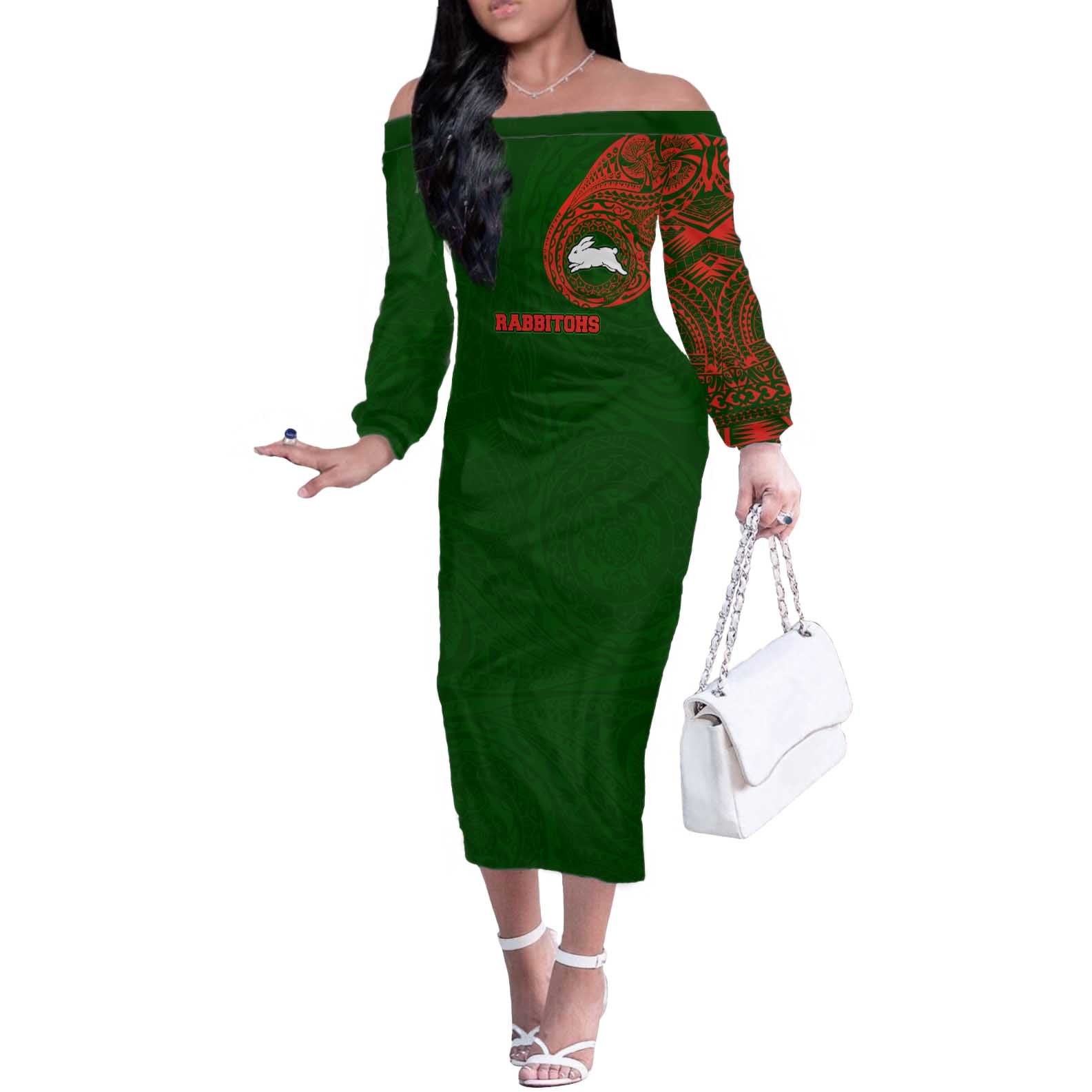 Personalized South Sydney Rabbitohs Off The Shoulder Long Sleeve Dress Polynesian Tribal Chest and Sleeve Tattoo