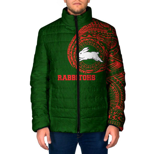 Personalized South Sydney Rabbitohs Padded Jacket Polynesian Tribal Chest and Sleeve Tattoo