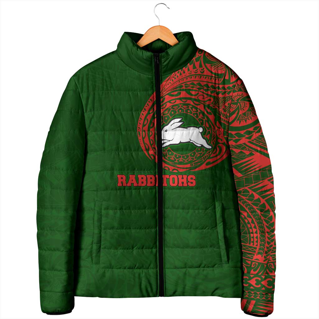 Personalized South Sydney Rabbitohs Padded Jacket Polynesian Tribal Chest and Sleeve Tattoo