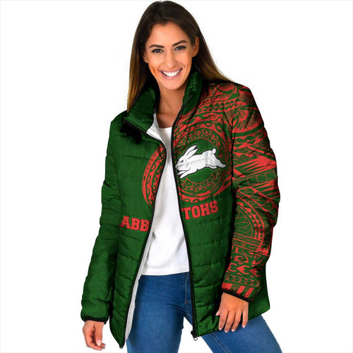 Personalized South Sydney Rabbitohs Padded Jacket Polynesian Tribal Chest and Sleeve Tattoo