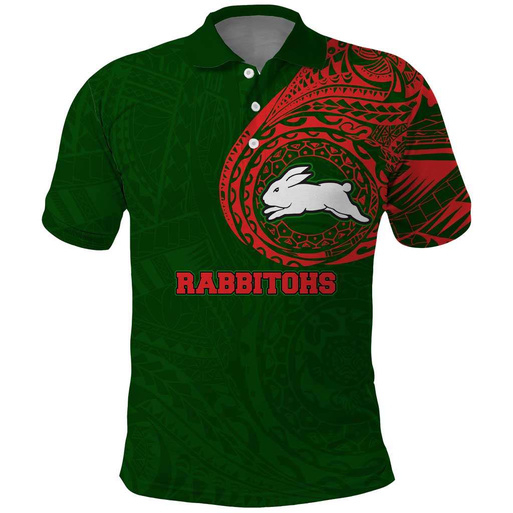 Personalized South Sydney Rabbitohs Polo Shirt Polynesian Tribal Chest and Sleeve Tattoo