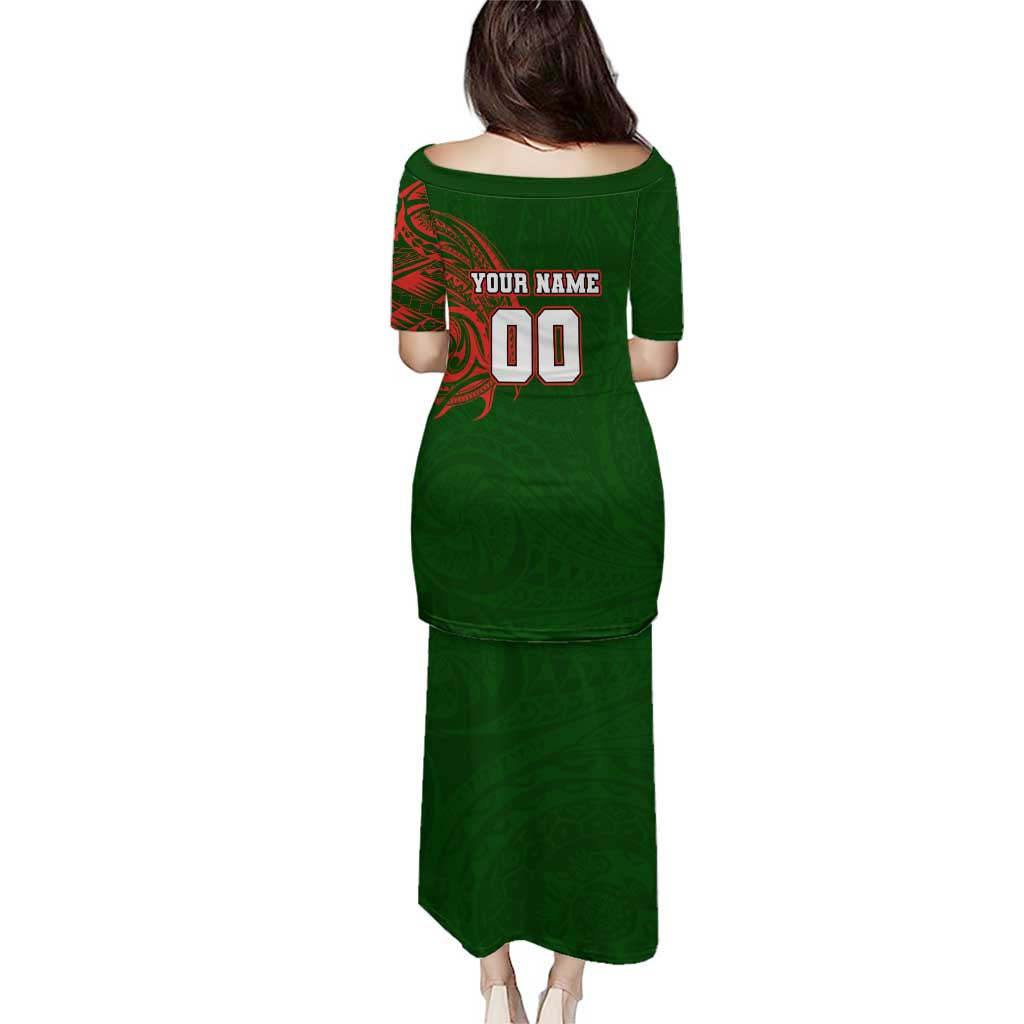 Personalized South Sydney Rabbitohs Puletasi Polynesian Tribal Chest and Sleeve Tattoo