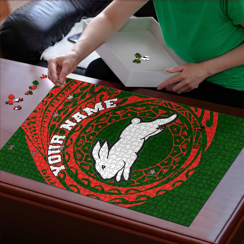 Personalized South Sydney Rabbitohs Puzzle Polynesian Tribal Chest and Sleeve Tattoo