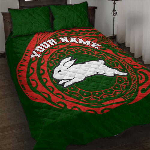 Personalized South Sydney Rabbitohs Quilt Bed Set Polynesian Tribal Chest and Sleeve Tattoo