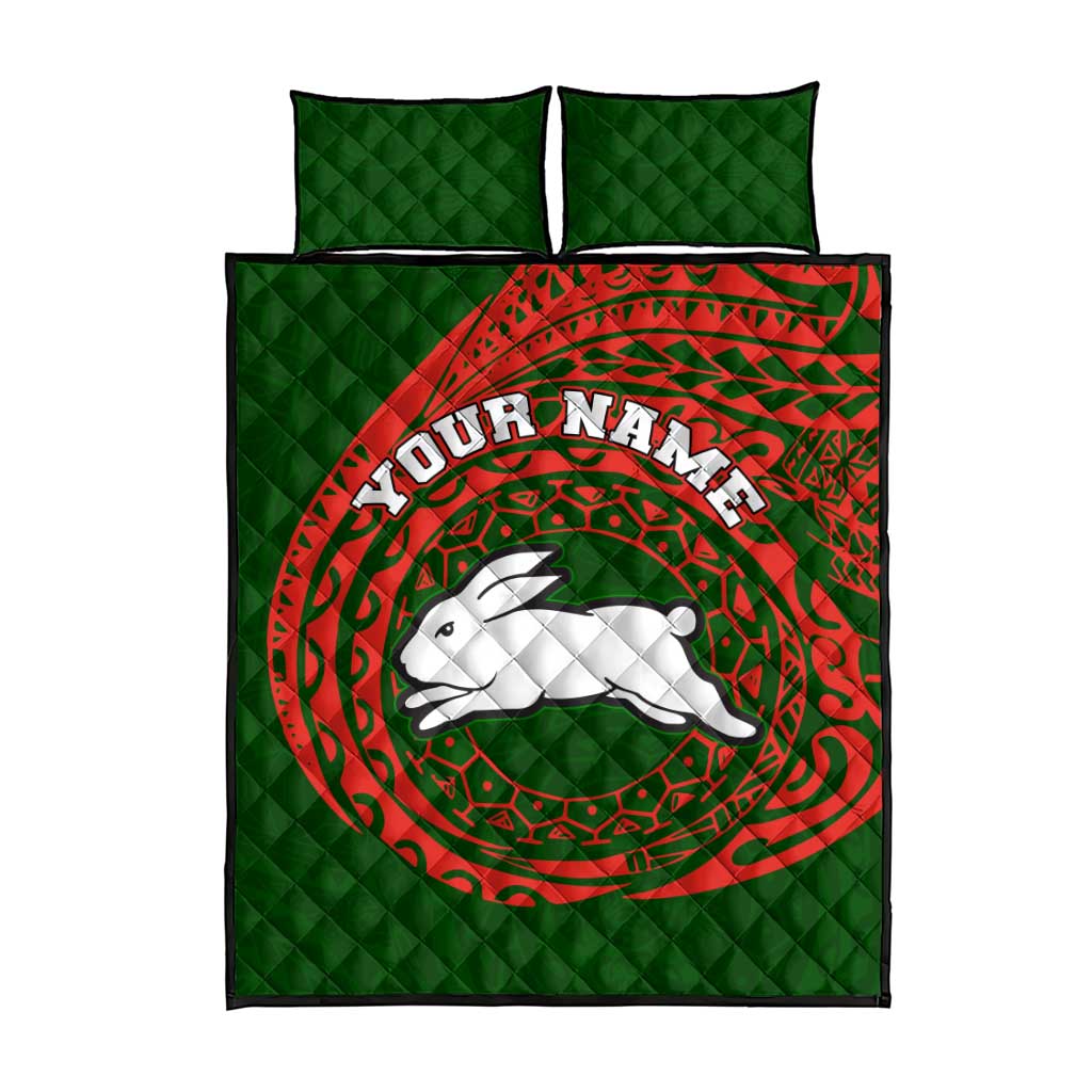 Personalized South Sydney Rabbitohs Quilt Bed Set Polynesian Tribal Chest and Sleeve Tattoo