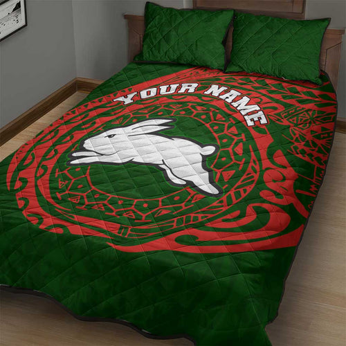 Personalized South Sydney Rabbitohs Quilt Bed Set Polynesian Tribal Chest and Sleeve Tattoo