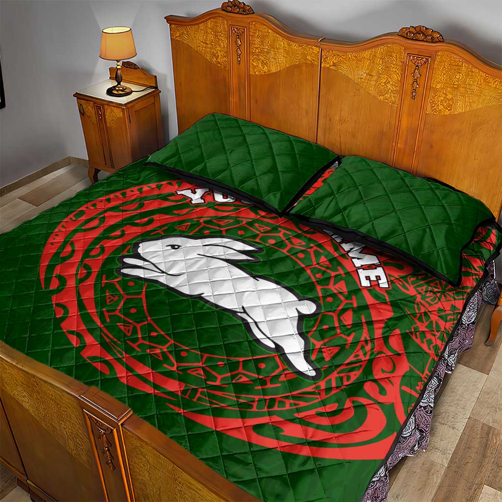Personalized South Sydney Rabbitohs Quilt Bed Set Polynesian Tribal Chest and Sleeve Tattoo