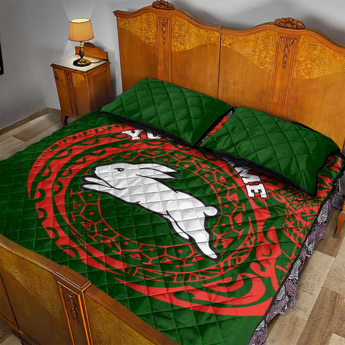 Personalized South Sydney Rabbitohs Quilt Bed Set Polynesian Tribal Chest and Sleeve Tattoo