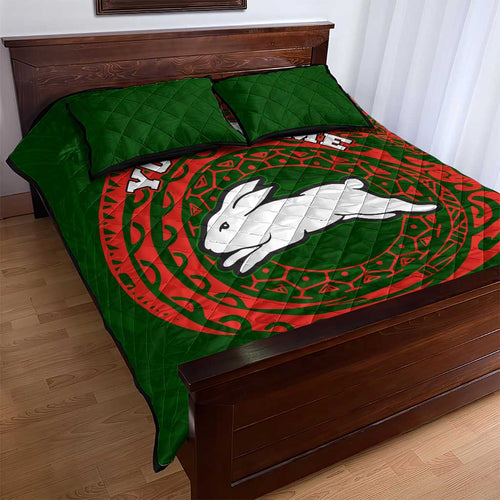 Personalized South Sydney Rabbitohs Quilt Bed Set Polynesian Tribal Chest and Sleeve Tattoo