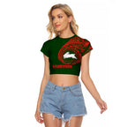 Personalized South Sydney Rabbitohs Raglan Cropped T Shirt Polynesian Tribal Chest and Sleeve Tattoo