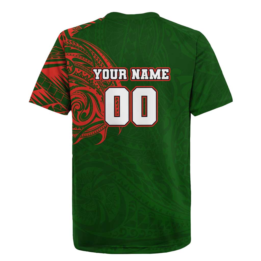 Personalized South Sydney Rabbitohs Rugby Jersey Polynesian Tribal Chest and Sleeve Tattoo