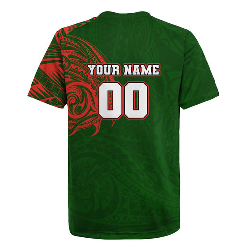 Personalized South Sydney Rabbitohs Rugby Jersey Polynesian Tribal Chest and Sleeve Tattoo