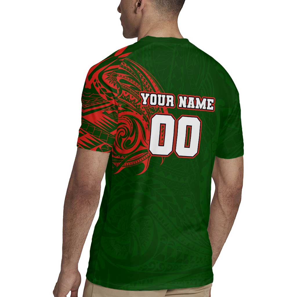 Personalized South Sydney Rabbitohs Rugby Jersey Polynesian Tribal Chest and Sleeve Tattoo