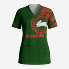 Personalized South Sydney Rabbitohs Scrub Top Polynesian Tribal Chest and Sleeve Tattoo