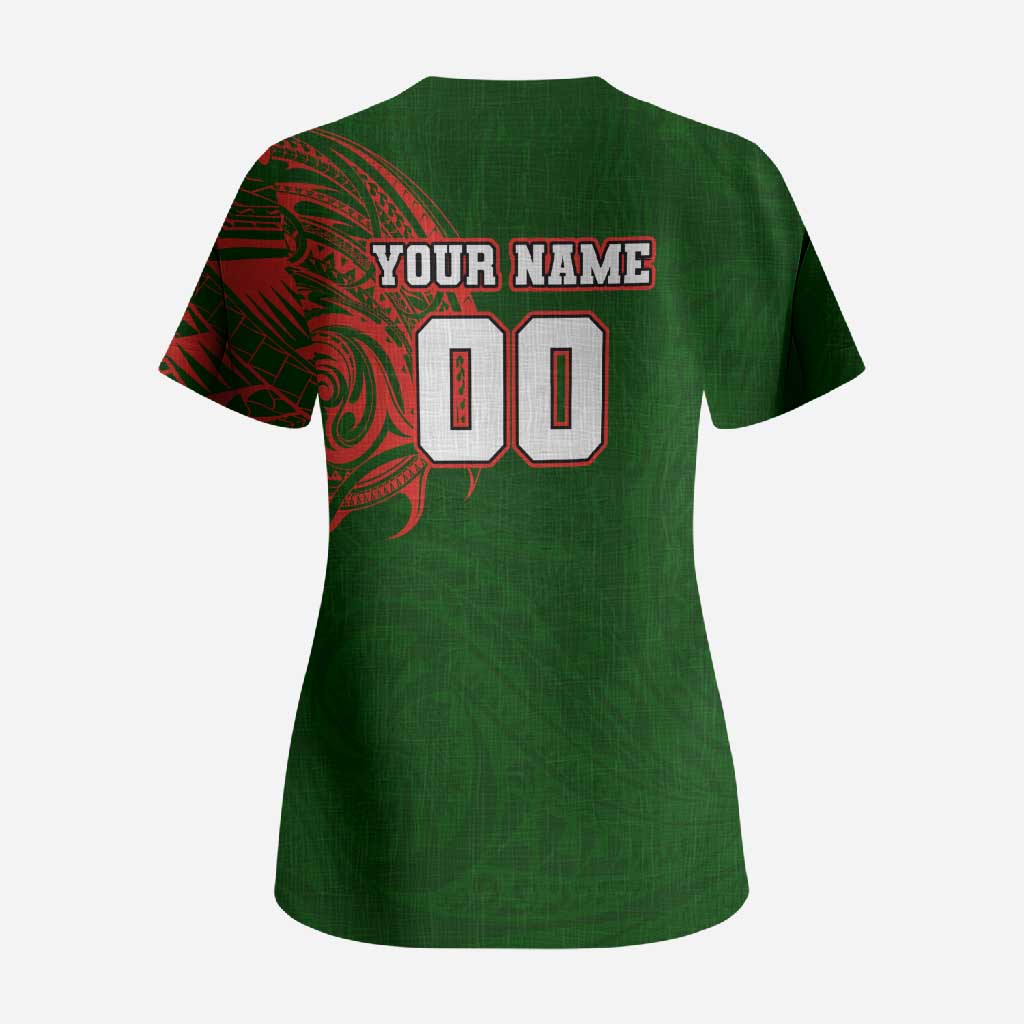 Personalized South Sydney Rabbitohs Scrub Top Polynesian Tribal Chest and Sleeve Tattoo