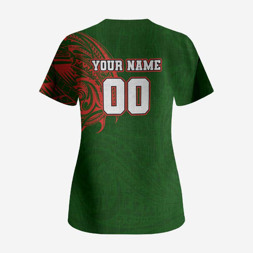 Personalized South Sydney Rabbitohs Scrub Top Polynesian Tribal Chest and Sleeve Tattoo