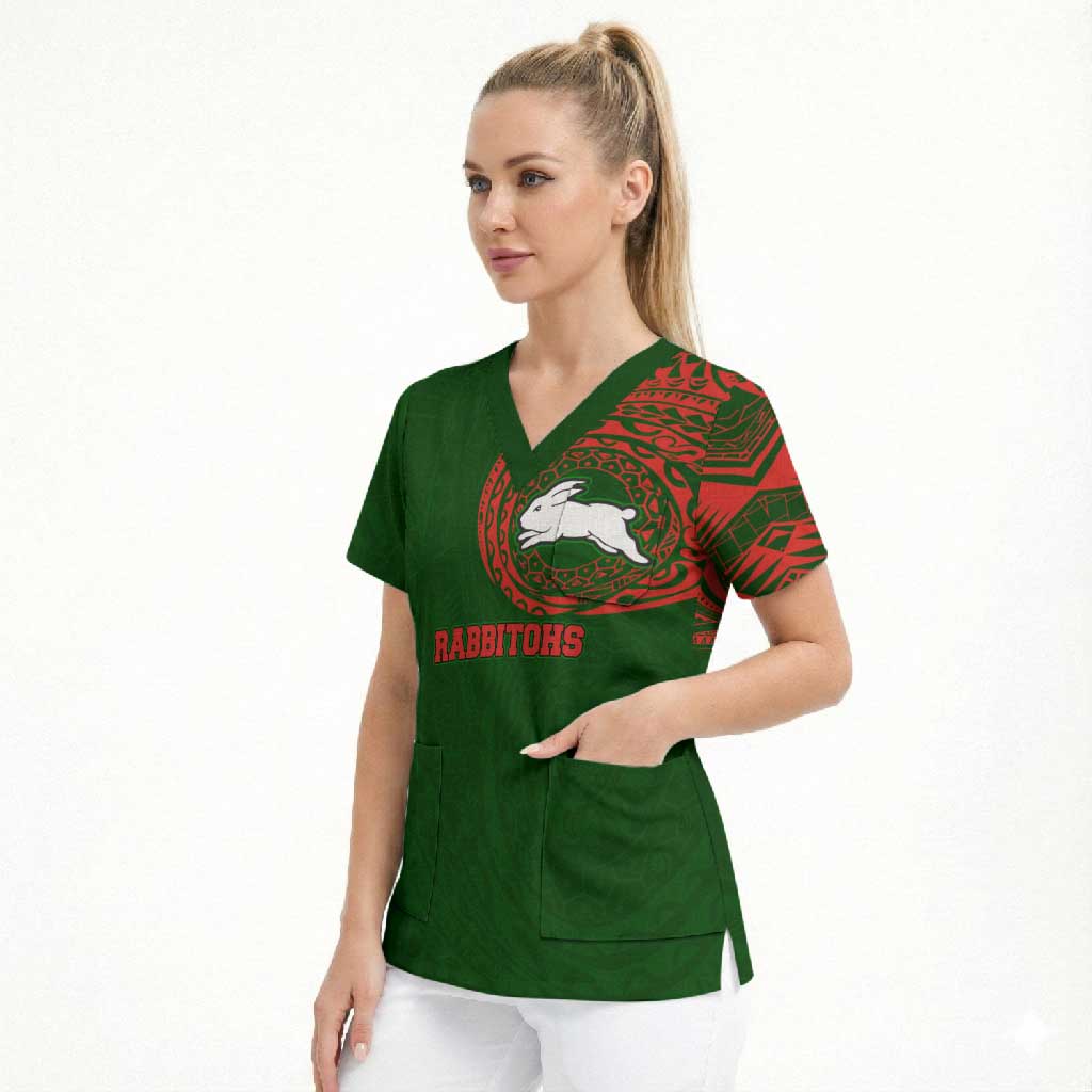 Personalized South Sydney Rabbitohs Scrub Top Polynesian Tribal Chest and Sleeve Tattoo