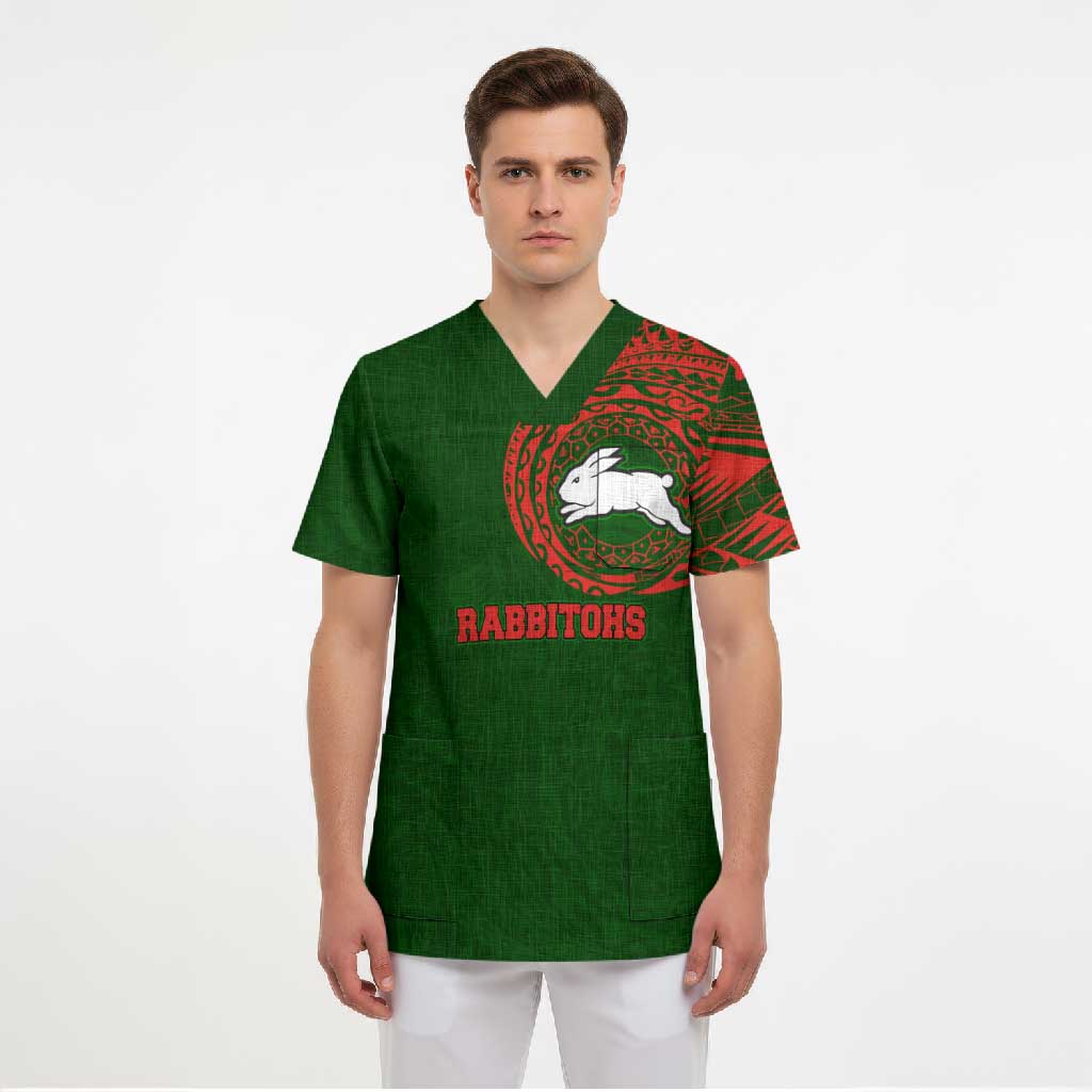 Personalized South Sydney Rabbitohs Scrub Top Polynesian Tribal Chest and Sleeve Tattoo
