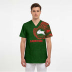 Personalized South Sydney Rabbitohs Scrub Top Polynesian Tribal Chest and Sleeve Tattoo