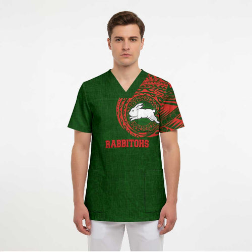 Personalized South Sydney Rabbitohs Scrub Top Polynesian Tribal Chest and Sleeve Tattoo