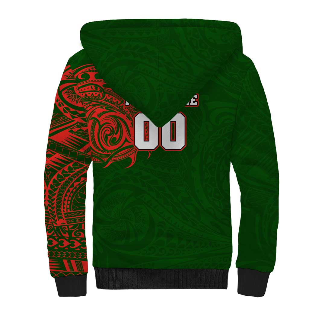Personalized South Sydney Rabbitohs Sherpa Hoodie Polynesian Tribal Chest and Sleeve Tattoo