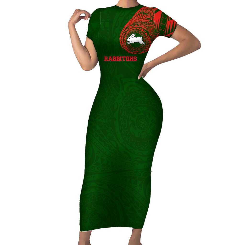 Personalized South Sydney Rabbitohs Short Sleeve Bodycon Dress Polynesian Tribal Chest and Sleeve Tattoo