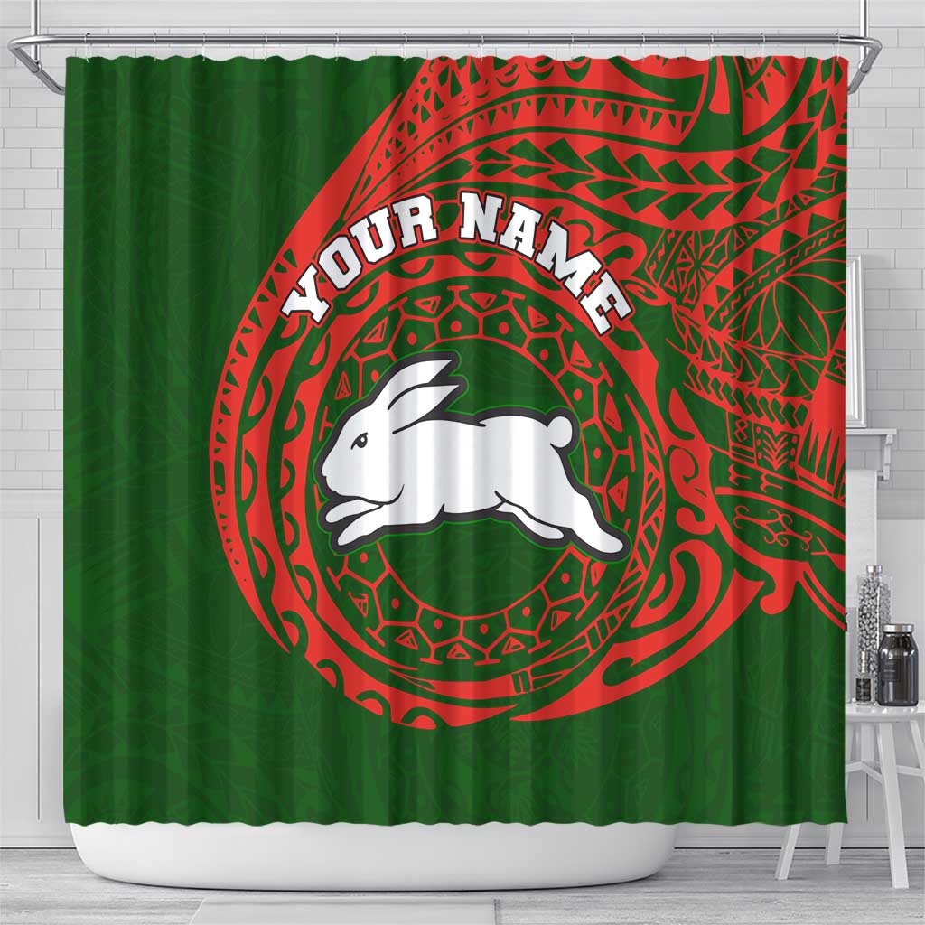 Personalized South Sydney Rabbitohs Shower Curtain Polynesian Tribal Chest and Sleeve Tattoo