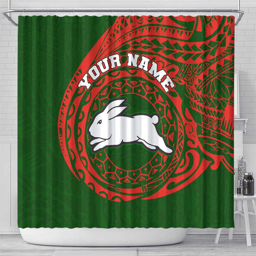 Personalized South Sydney Rabbitohs Shower Curtain Polynesian Tribal Chest and Sleeve Tattoo