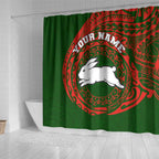 Personalized South Sydney Rabbitohs Shower Curtain Polynesian Tribal Chest and Sleeve Tattoo