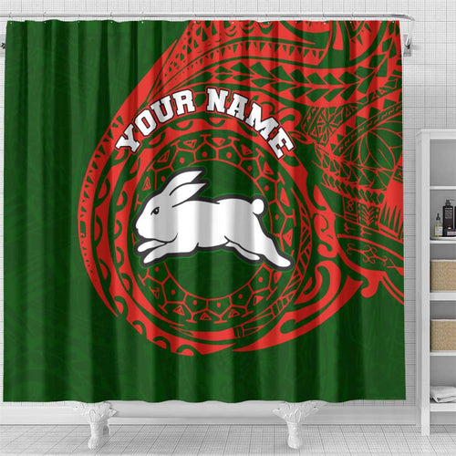 Personalized South Sydney Rabbitohs Shower Curtain Polynesian Tribal Chest and Sleeve Tattoo