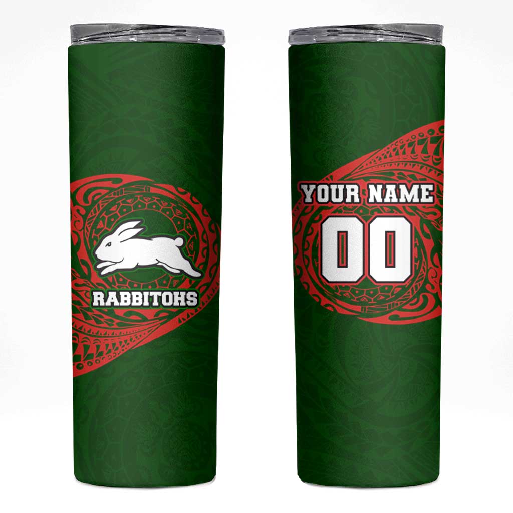 Personalized South Sydney Rabbitohs Skinny Tumbler Polynesian Tribal Chest and Sleeve Tattoo
