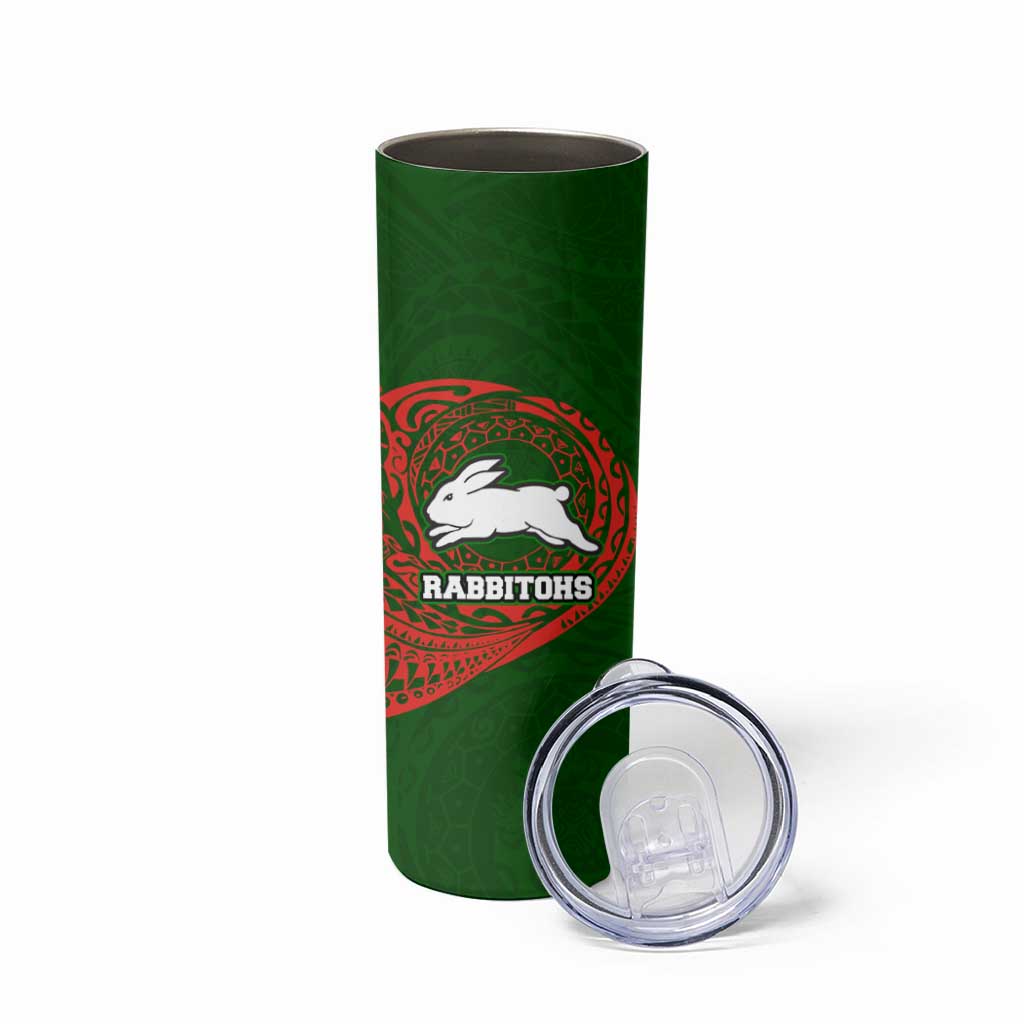 Personalized South Sydney Rabbitohs Skinny Tumbler Polynesian Tribal Chest and Sleeve Tattoo