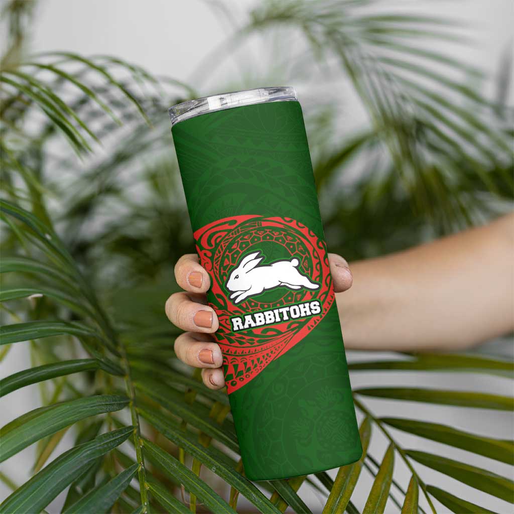 Personalized South Sydney Rabbitohs Skinny Tumbler Polynesian Tribal Chest and Sleeve Tattoo