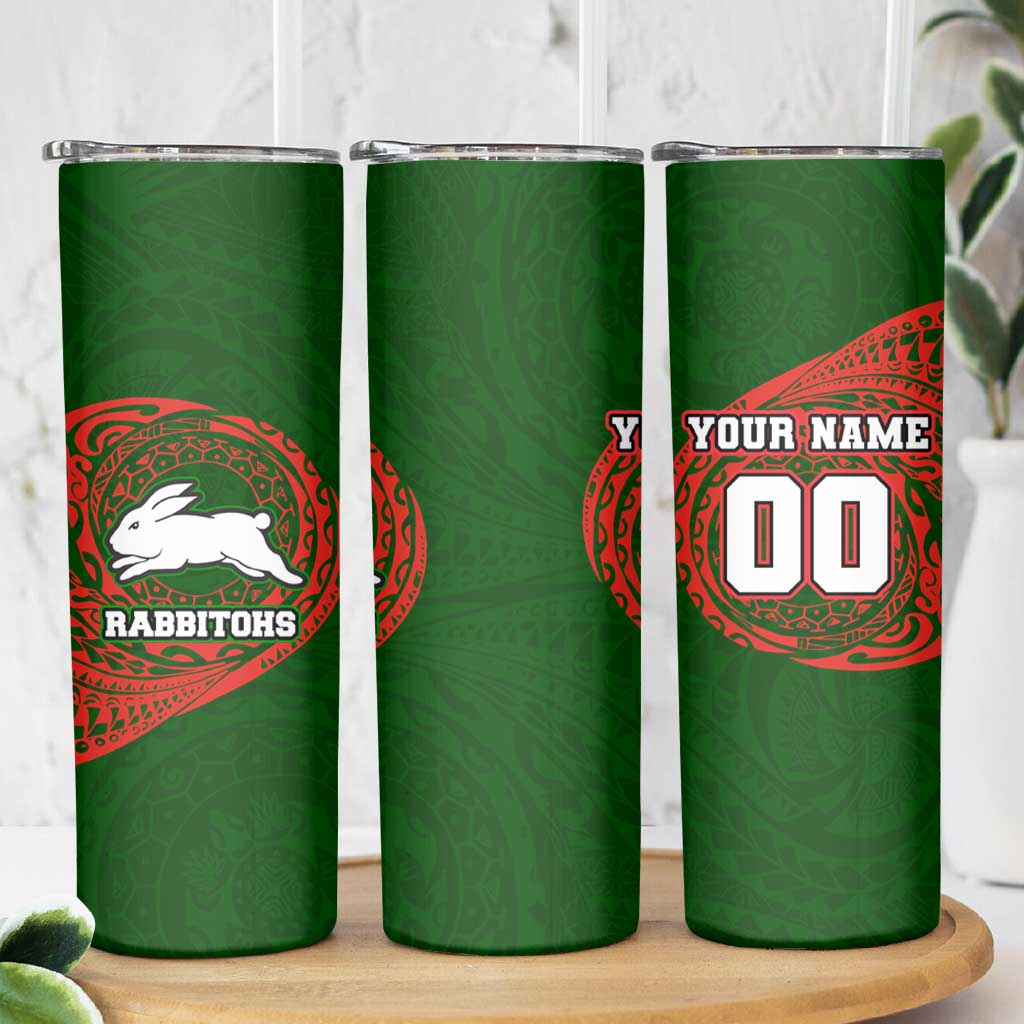 Personalized South Sydney Rabbitohs Skinny Tumbler Polynesian Tribal Chest and Sleeve Tattoo
