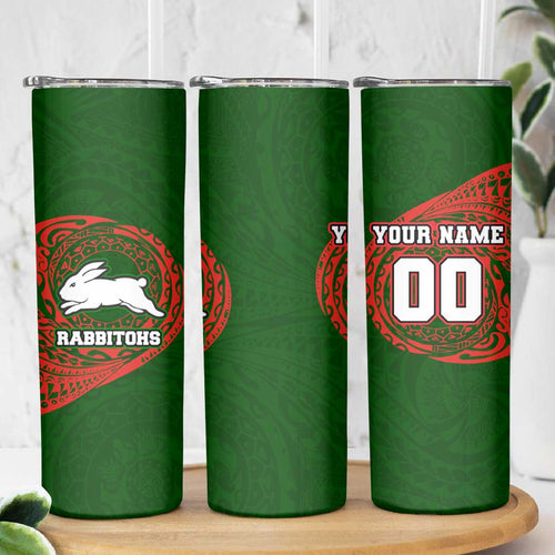 Personalized South Sydney Rabbitohs Skinny Tumbler Polynesian Tribal Chest and Sleeve Tattoo