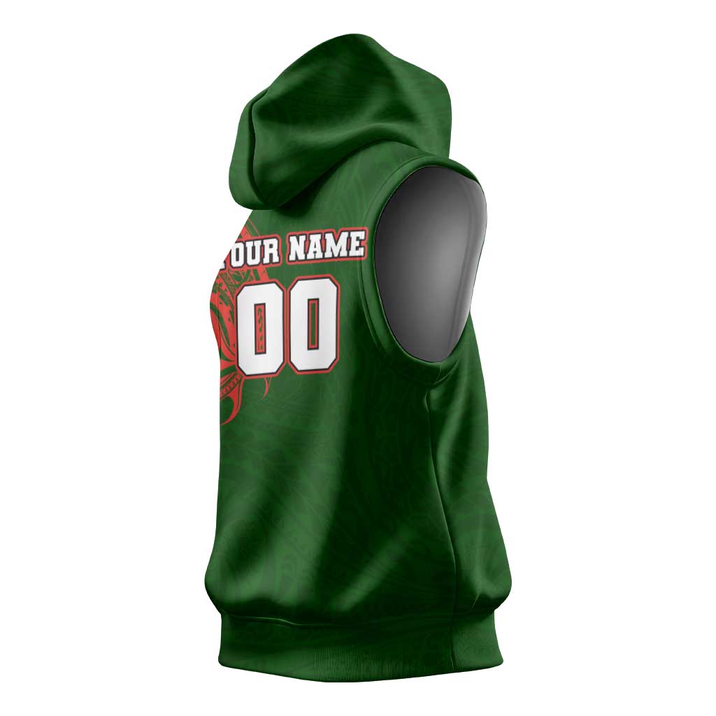 Personalized South Sydney Rabbitohs Sleeveless Hoodie Polynesian Tribal Chest and Sleeve Tattoo