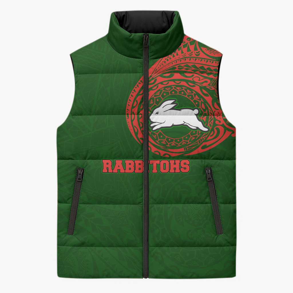 Personalized South Sydney Rabbitohs Sleeveless Puffer Jacket Polynesian Tribal Chest and Sleeve Tattoo
