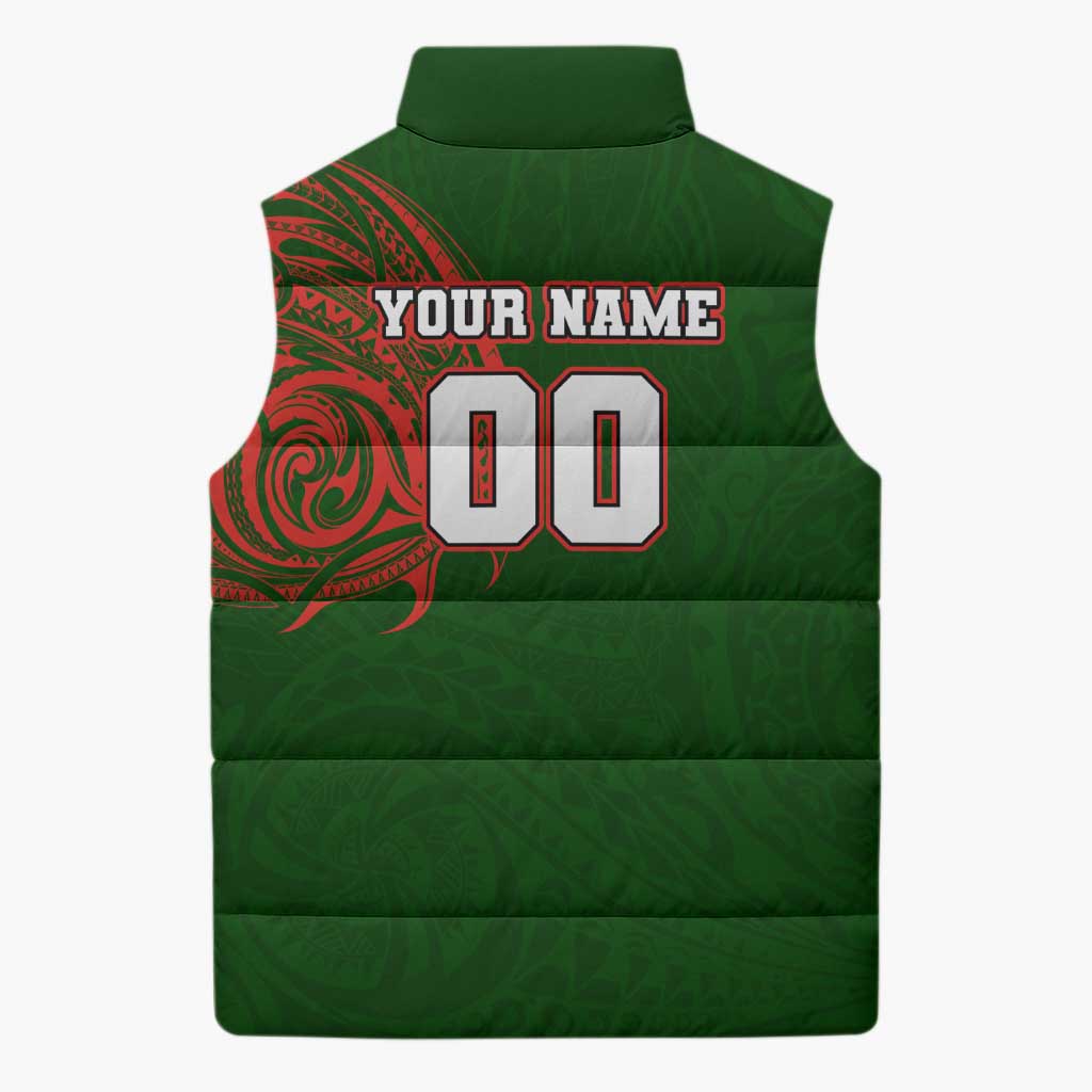 Personalized South Sydney Rabbitohs Sleeveless Puffer Jacket Polynesian Tribal Chest and Sleeve Tattoo