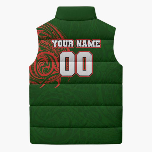Personalized South Sydney Rabbitohs Sleeveless Puffer Jacket Polynesian Tribal Chest and Sleeve Tattoo